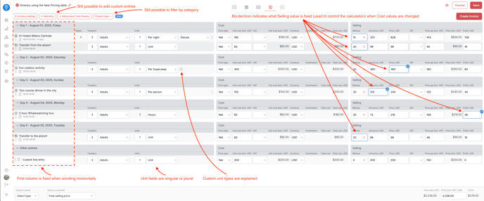 TripCreator new Pricing table explanation